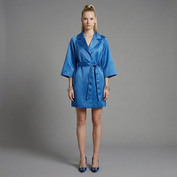 La Reine Blanche Dresses & Skirts - Blue Satin Elegant Evening Coat Dress Belted 3/4 Sleeves Fully Lined